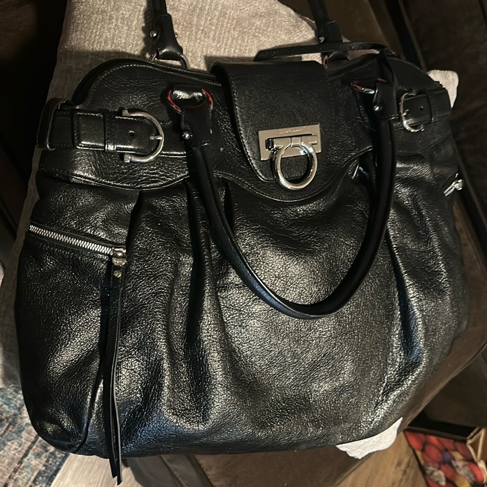 Salvatore Ferragamo Black Leather Shoulder Bag with Silver Hardware